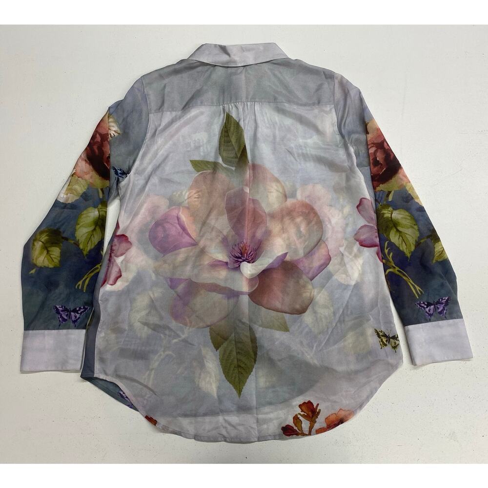 Women Soft Surroundings 100% silk floral graphic button up shirt blouse top M - Picture 3 of 5